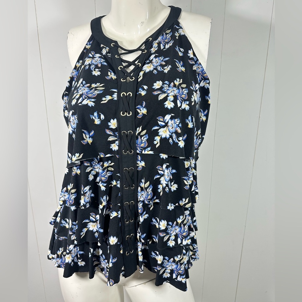 White House Black Market Sz S Black Blue Floral Layered Blouse top Sleeveless